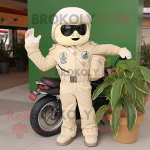Cream Spinach mascot costume character dressed with a Moto Jacket and Tote bags