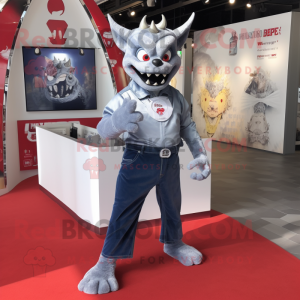 Silver Devil mascot costume character dressed with a Denim Shorts and Coin purses