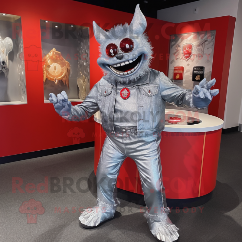 Silver Devil mascot costume character dressed with a Denim Shorts and Coin purses