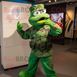 Green Marine Recon mascot costume character dressed with a Flare Jeans and Cufflinks