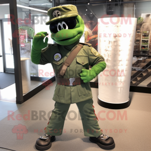 Green Marine Recon mascot costume character dressed with a Flare Jeans and Cufflinks