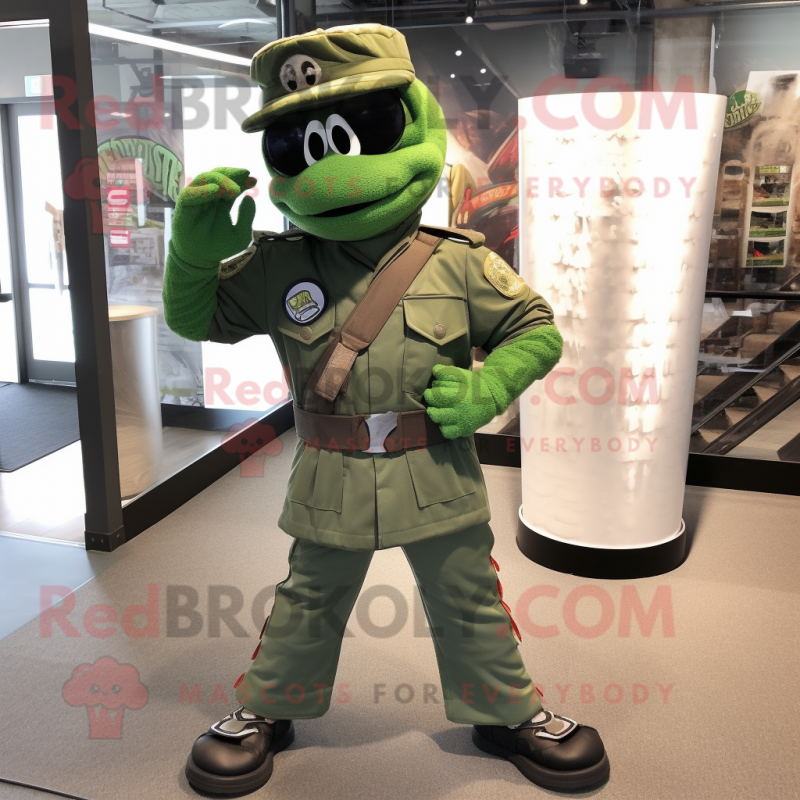 Green Marine Recon mascot costume character dressed with a Flare Jeans and Cufflinks Green Marine Recon mascot costume character dressed with a Flare Jeans and Cufflinks