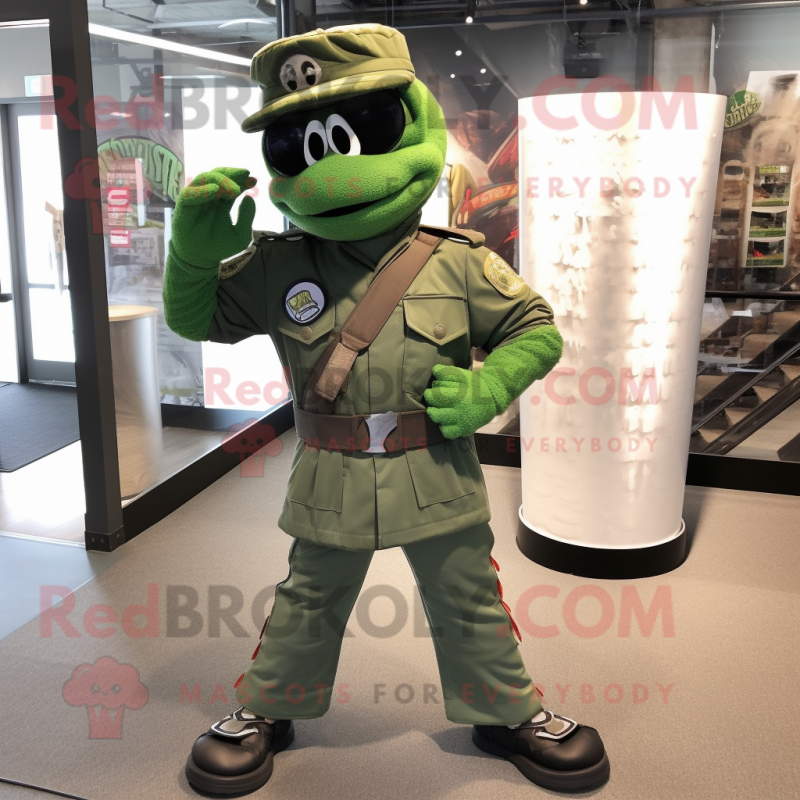 Green Marine Recon mascot costume character dressed with a Flare Jeans and Cufflinks