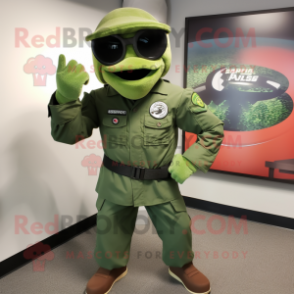 Green Marine Recon mascot costume character dressed with a Flare Jeans and Cufflinks