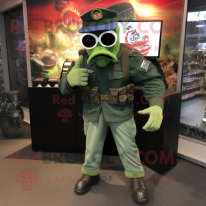 Green Marine Recon mascot costume character dressed with a Flare Jeans and Cufflinks