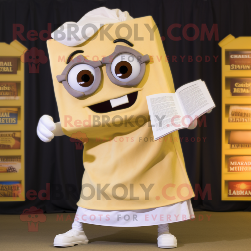 Cream Lasagna mascot costume character dressed with a Chinos and Reading glasses Cream Lasagna mascot costume character dressed with a Chinos and Reading glasses