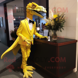 Yellow Utahraptor mascot costume character dressed with a Evening Gown and Tie pins