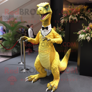 Yellow Utahraptor mascot costume character dressed with a Evening Gown and Tie pins