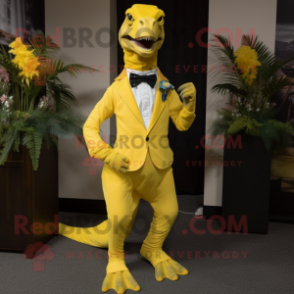 Yellow Utahraptor mascot costume character dressed with a Evening Gown and Tie pins