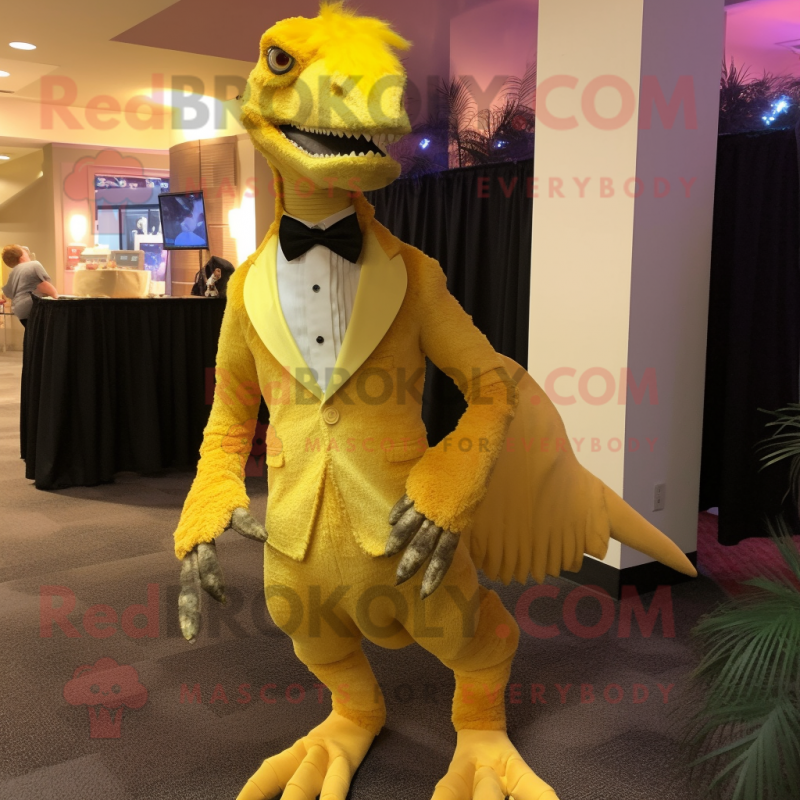 Yellow Utahraptor mascot costume character dressed with a Evening Gown and Tie pins