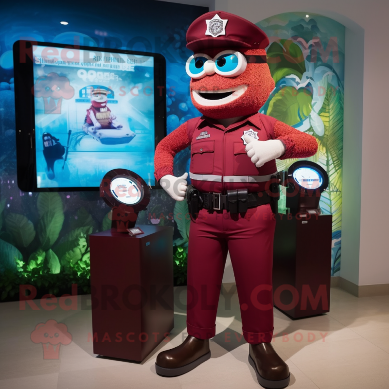 Maroon Police Officer mascot costume character dressed with a Swimwear and Digital watches Maroon Police Officer mascot costume character dressed with a Swimwear and Digital watches