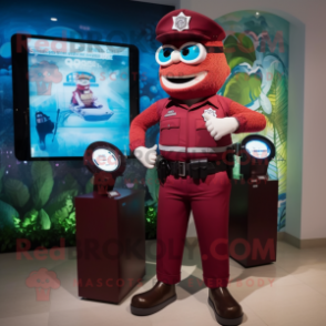 Maroon Police Officer mascot costume character dressed with a Swimwear and Digital watches