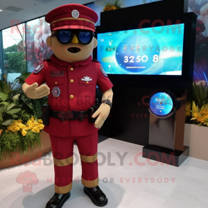 Maroon Police Officer mascot costume character dressed with a Swimwear and Digital watches