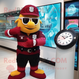 Maroon Police Officer mascot costume character dressed with a Swimwear and Digital watches