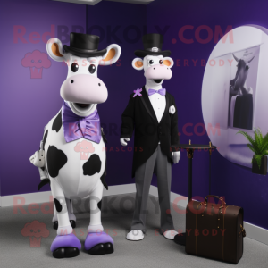 Lavender Guernsey Cow mascot costume character dressed with a Tuxedo and Handbags