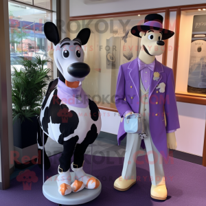 Lavender Guernsey Cow mascot costume character dressed with a Tuxedo and Handbags