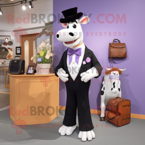 Lavender Guernsey Cow mascot costume character dressed with a Tuxedo and Handbags