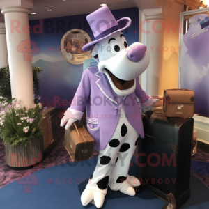 Lavender Guernsey Cow mascot costume character dressed with a Tuxedo and Handbags