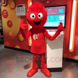 Red Pendant mascot costume character dressed with a Henley Shirt and Foot pads