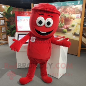 Red Pendant mascot costume character dressed with a Henley Shirt and Foot pads