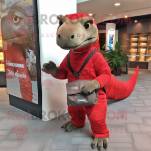 Red Komodo Dragon mascot costume character dressed with a Mini Dress and Messenger bags