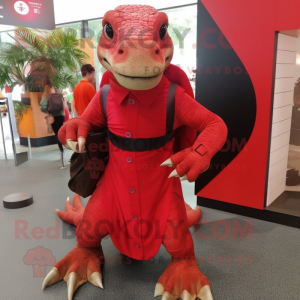 Red Komodo Dragon mascot costume character dressed with a Mini Dress and Messenger bags