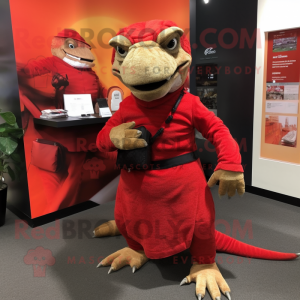 Red Komodo Dragon mascot costume character dressed with a Mini Dress and Messenger bags