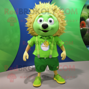 Lime Green Hedgehog mascot costume character dressed with a Denim Shorts and Tie pins