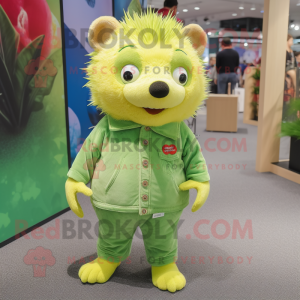 Lime Green Hedgehog mascot costume character dressed with a Denim Shorts and Tie pins