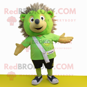 Lime Green Hedgehog mascot costume character dressed with a Denim Shorts and Tie pins