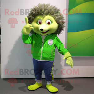 Lime Green Hedgehog mascot costume character dressed with a Denim Shorts and Tie pins