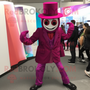 Magenta Stilt Walker mascot costume character dressed with a Suit Jacket and Beanies