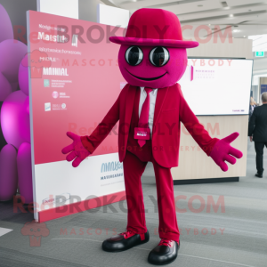 Magenta Stilt Walker mascot costume character dressed with a Suit Jacket and Beanies