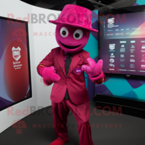 Magenta Stilt Walker mascot costume character dressed with a Suit Jacket and Beanies