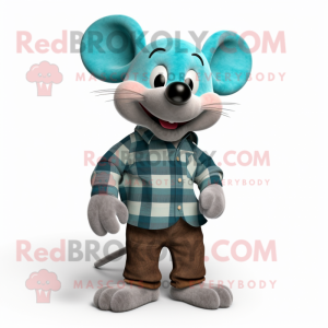 Cyan Mouse mascot costume character dressed with a Flannel Shirt and Cummerbunds