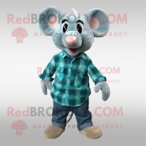 Cyan Mouse mascot costume character dressed with a Flannel Shirt and Cummerbunds