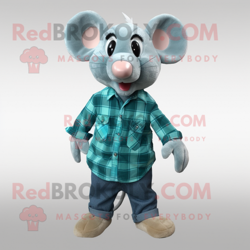 Cyan Mouse mascot costume character dressed with a Flannel Shirt and Cummerbunds Cyan Mouse mascot costume character dressed with a Flannel Shirt and Cummerbunds