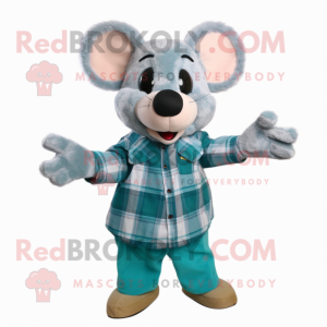 Cyan Mouse mascot costume character dressed with a Flannel Shirt and Cummerbunds