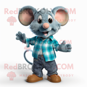 Cyan Mouse mascot costume character dressed with a Flannel Shirt and Cummerbunds