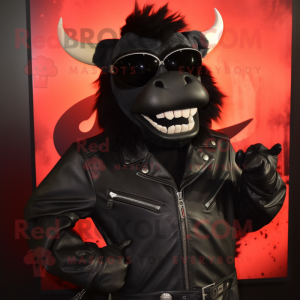 Black Zebu mascot costume character dressed with a Biker Jacket and Ties