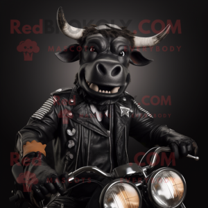 Black Zebu mascot costume character dressed with a Biker Jacket and Ties