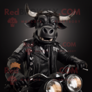 Black Zebu mascot costume character dressed with a Biker Jacket and Ties