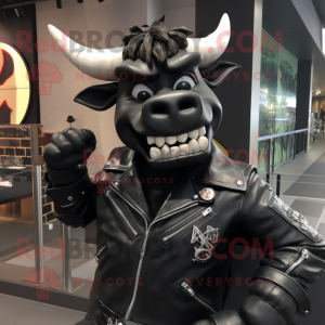 Black Zebu mascot costume character dressed with a Biker Jacket and Ties