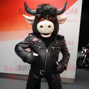Black Zebu mascot costume character dressed with a Biker Jacket and Ties