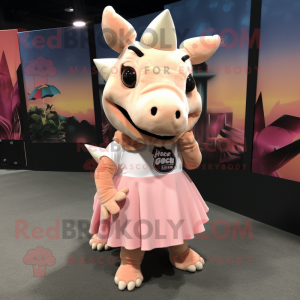 Peach Triceratops mascot costume character dressed with a Pencil Skirt and Scarves