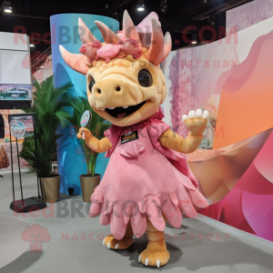 Peach Triceratops mascot costume character dressed with a Pencil Skirt and Scarves