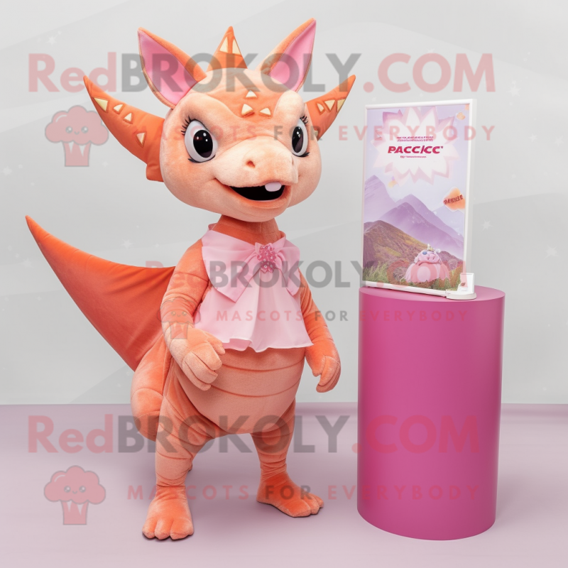 Peach Triceratops mascot costume character dressed with a Pencil Skirt and Scarves Peach Triceratops mascot costume character dressed with a Pencil Skirt and Scarves