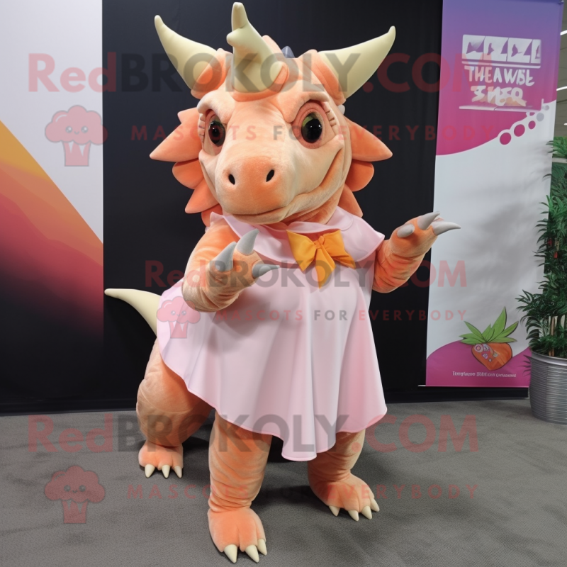 Peach Triceratops mascot costume character dressed with a Pencil Skirt and Scarves