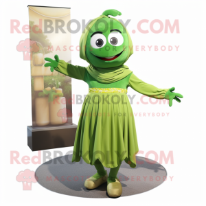 Olive Acrobat mascot costume character dressed with a Midi Dress and Scarves