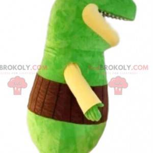 Mascota dinosaurio verde muy divertida. Disfraz de dinosaurio.